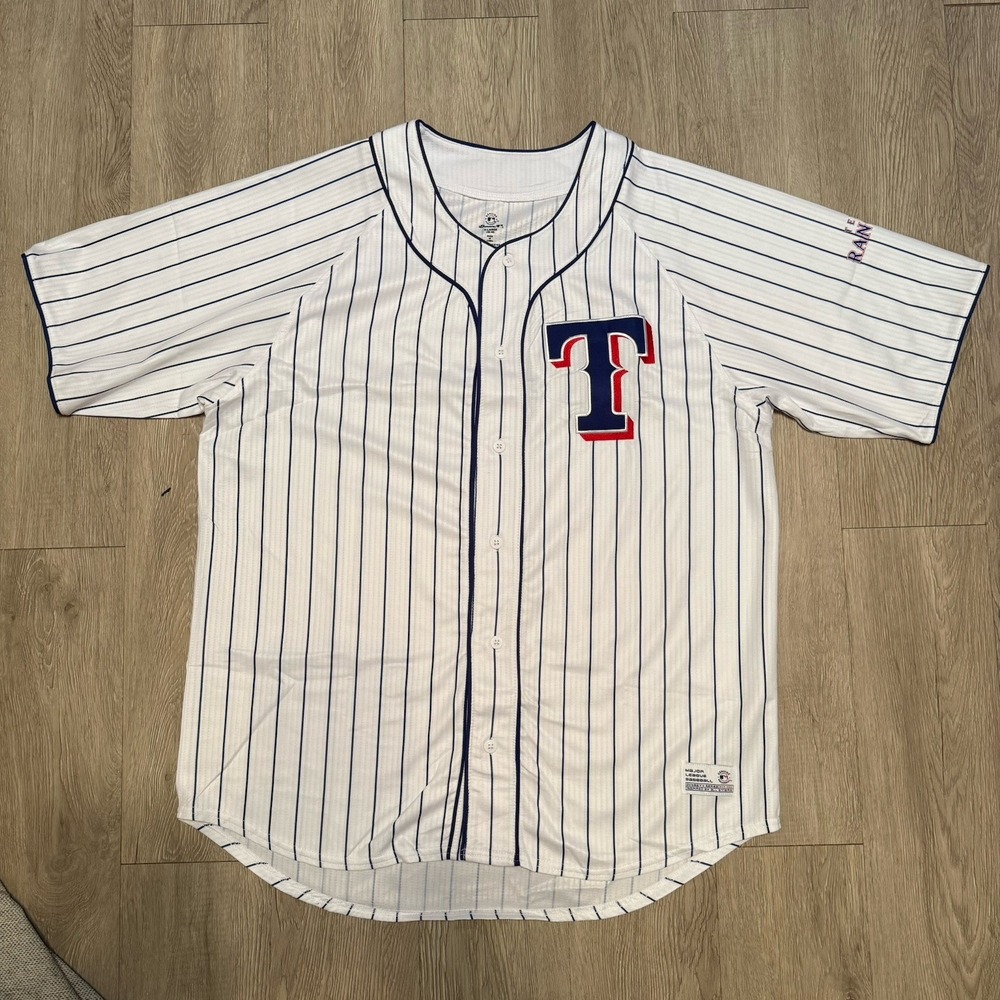 Texas Rangers Dynasty Baseball Jersey Men White Stripe Button Short Sleeve MLB M - Picture 2 of 7